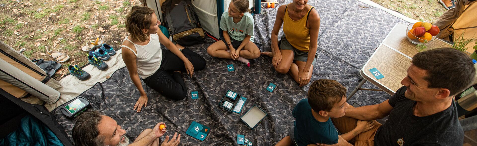 Family inside a tent