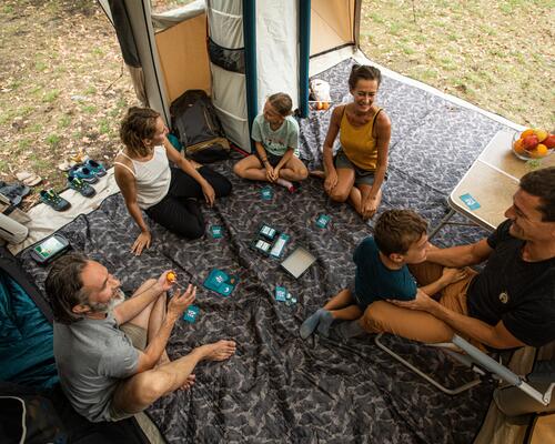 Family inside a tent