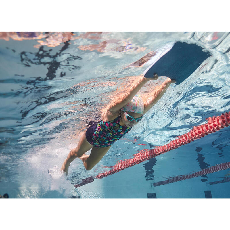 Bañador Niña natación Nabaiji estammpado azul y rosa flúor