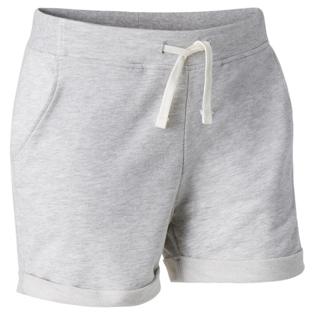 Women's Short Straight-Cut Cotton Fitness Shorts With Pocket - Light Mottled Grey