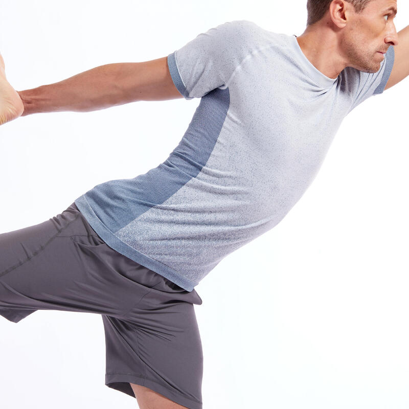 T-shirt voor dynamische yoga heren naadloos korte mouwen blauw grijs