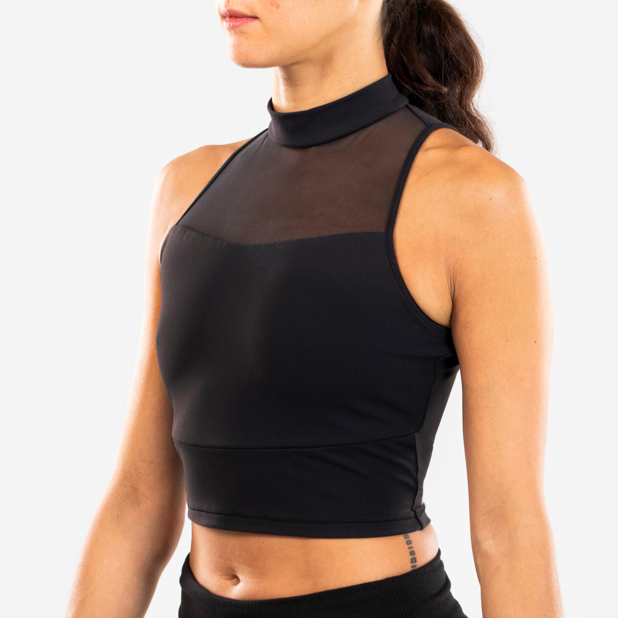 STAREVER Women's No Bra Modern Dance High-Neck Crop Top - Black