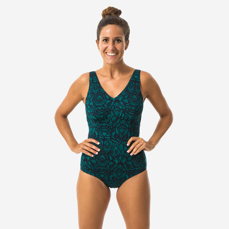 Bañador Mujer moldeador escote V verde aquagym Nabaiji Romi Nick Decathlon