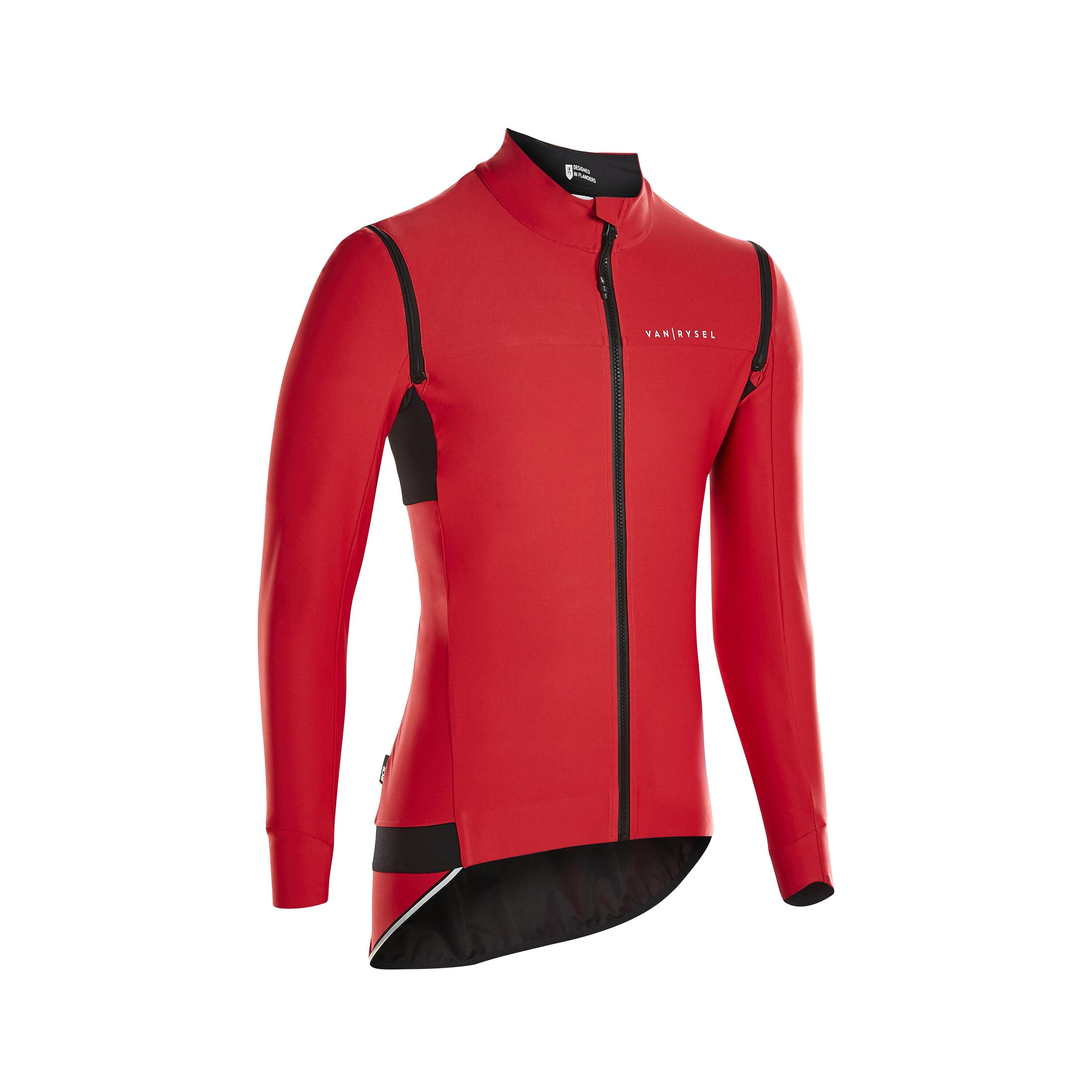 VAN RYSEL Men's Long-Sleeved Road Cycling Showerproof Convertible Jacket Racer - Red