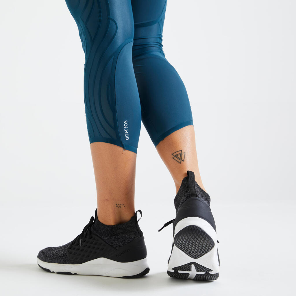 Legging taille haute Fitness court et gainant bleu canard
