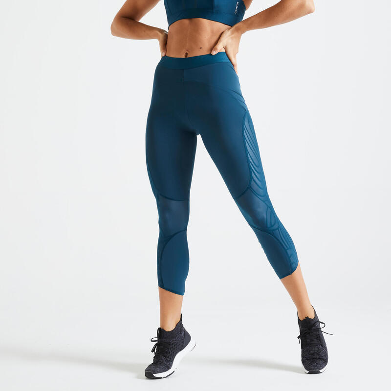 Legging taille haute Fitness court et gainant bleu canard