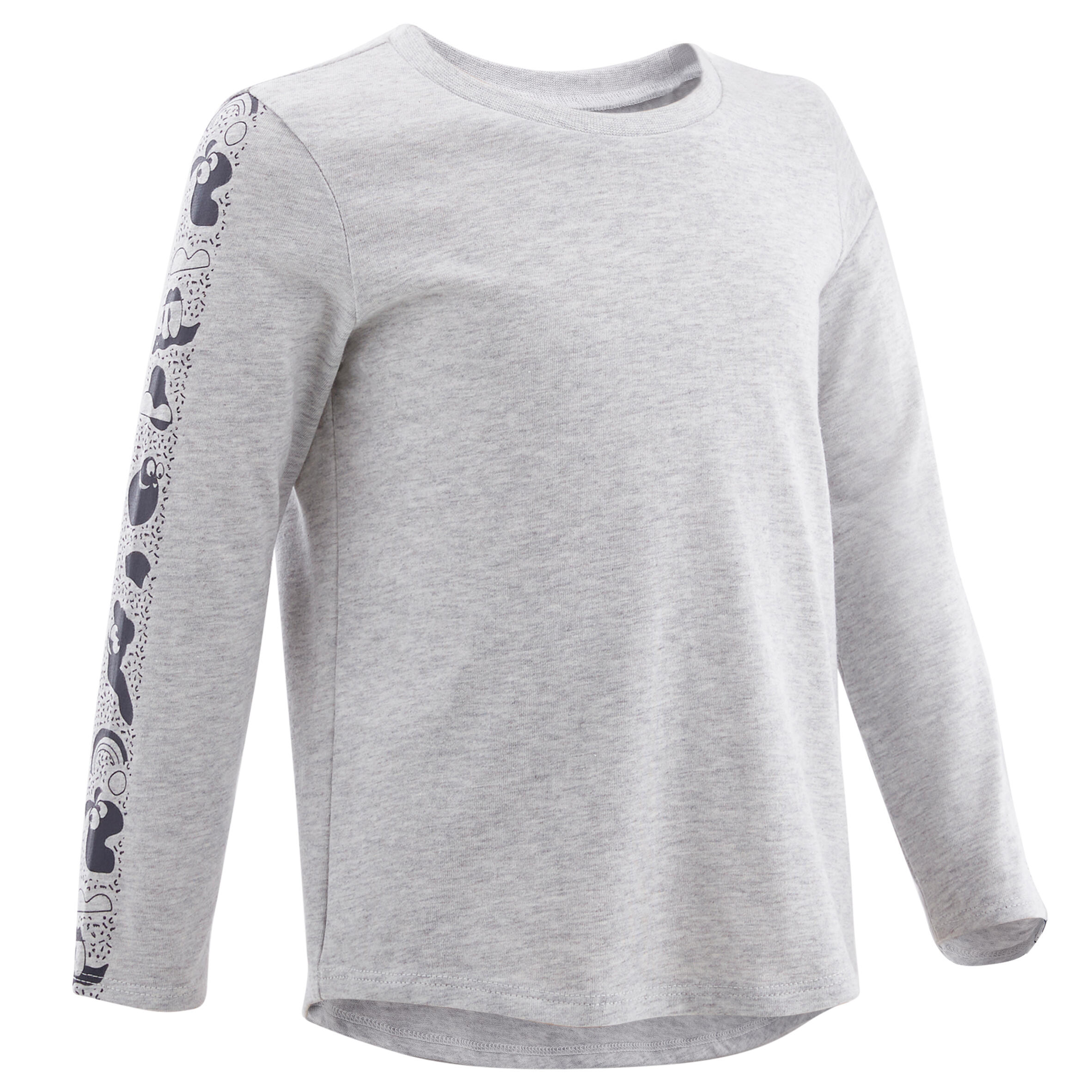 DOMYOS Kids' Basic Long-Sleeved Cotton T-Shirt - Grey with Motifs