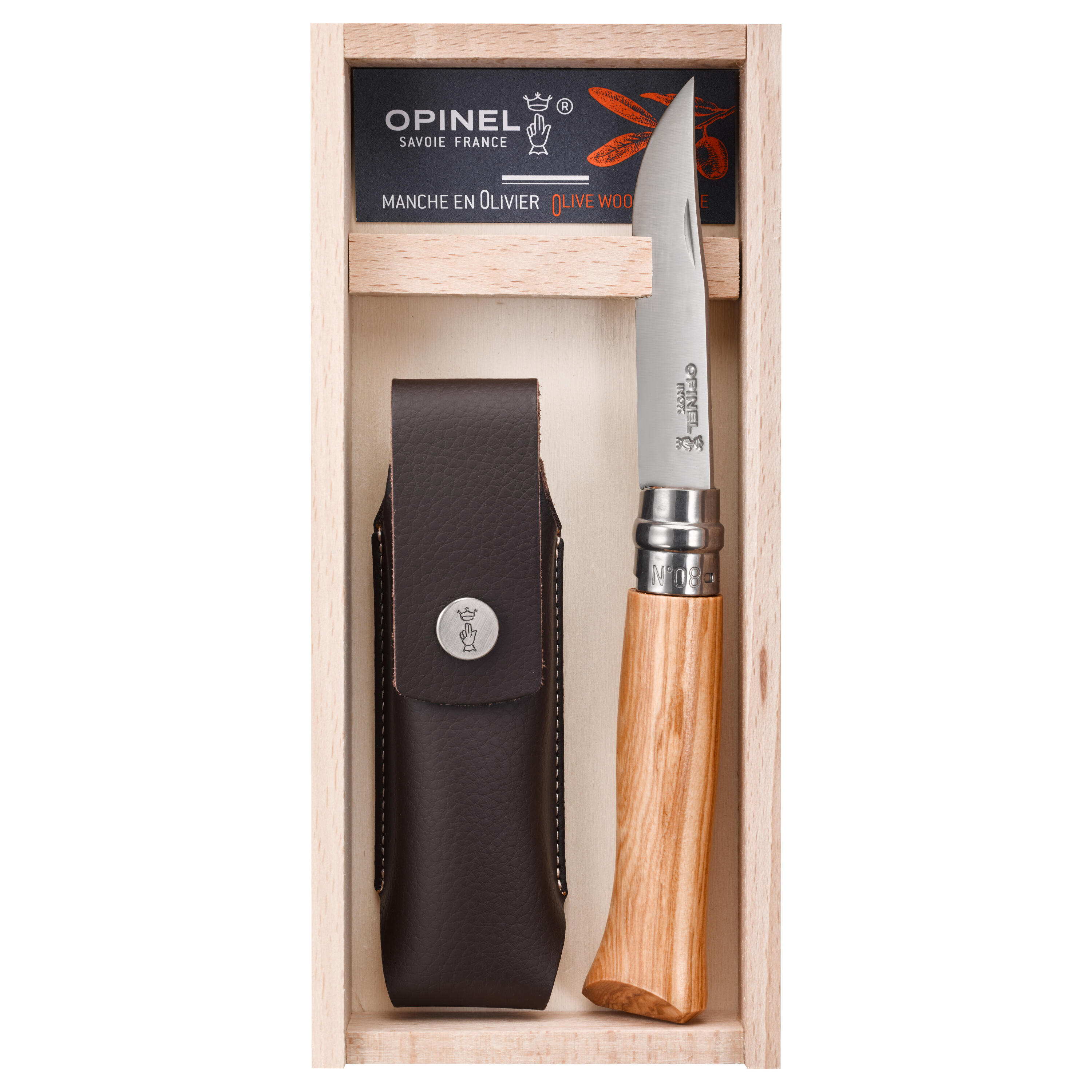 OPINEL Caja navaja Opinel senderismo número 8 de madera de olivo, con estuche de piel