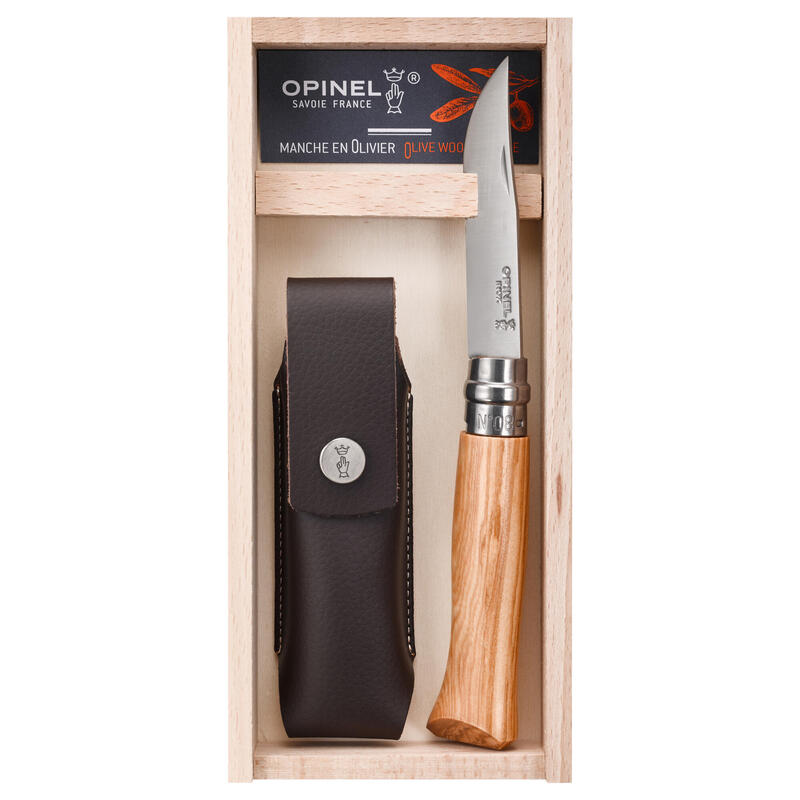 Coffret couteau Opinel randonnée numéro 8 en bois d'olivier, avec son étui cuir