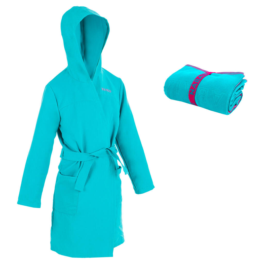 Kids' compact microfibre bathrobe and towel set l (80 x 130 cm) - turquoise