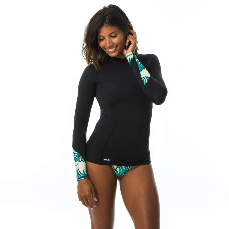 Női póló szörfözéshez Lou, haladóknak, UV-szűrős, hosszú ujjú, mintás hát és ujj