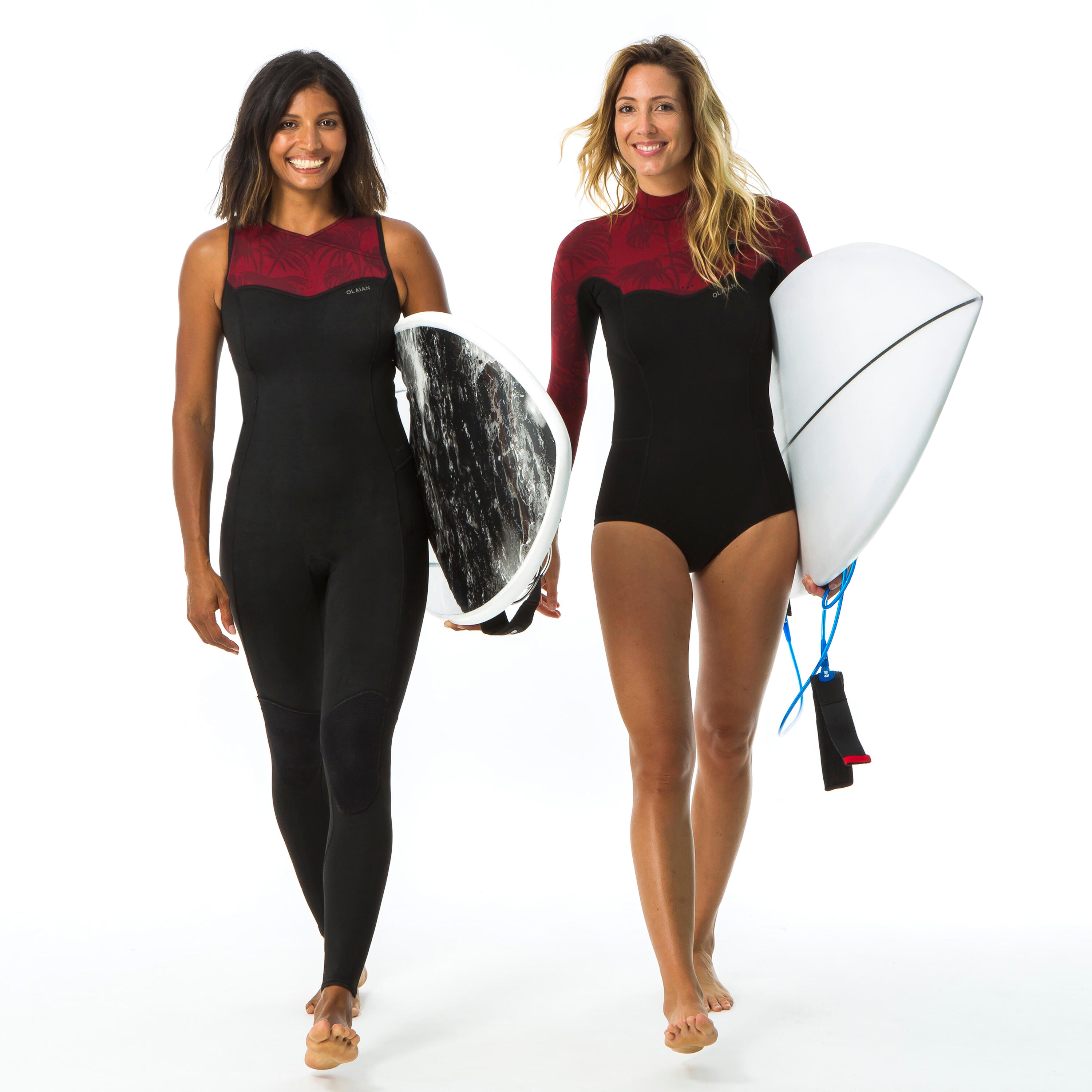 Neopreno surf Mujer agua calida 1 5mm long jane 900 negro burdeos Decathlon