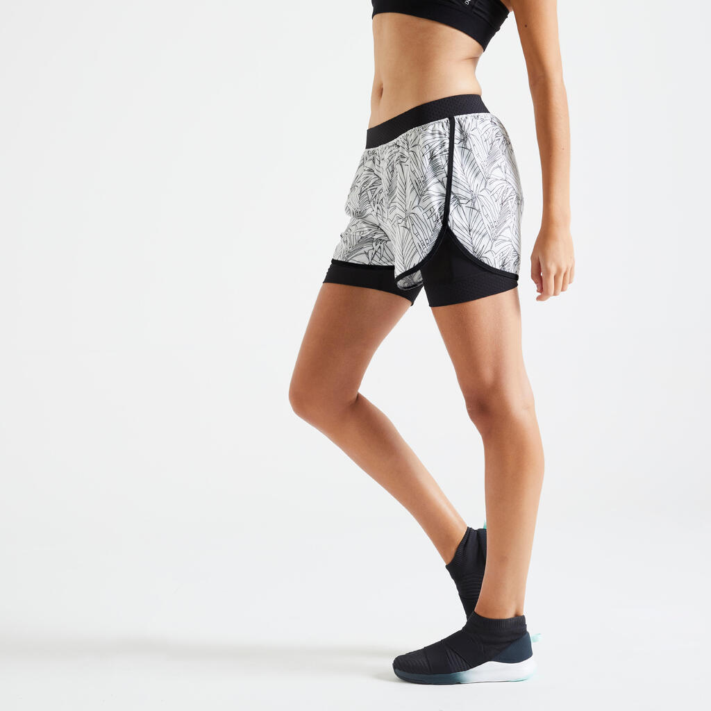 Women's Double Layer Fitness Shorts - Black & White