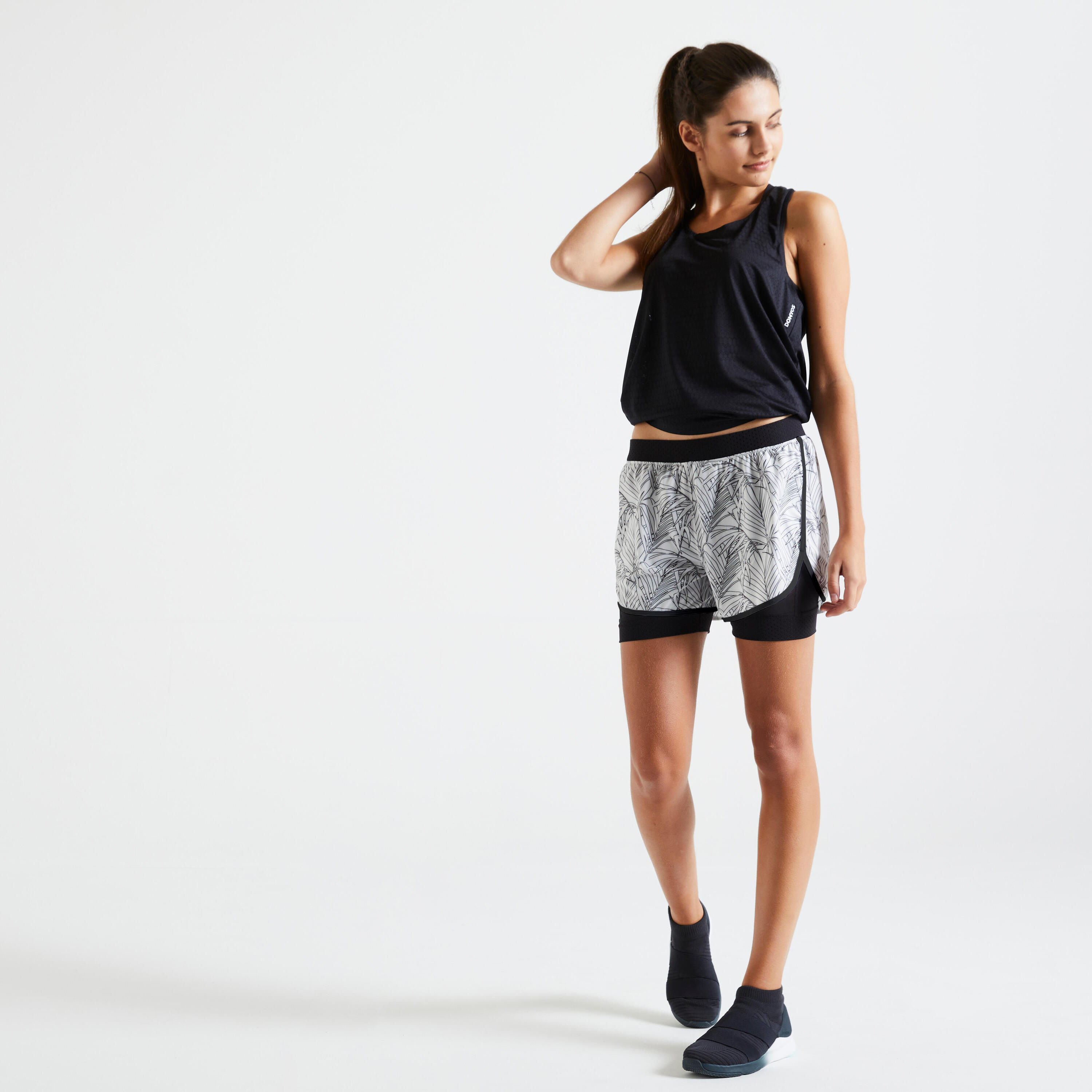 Women's Double Layer Fitness Shorts - Black & White 2/4