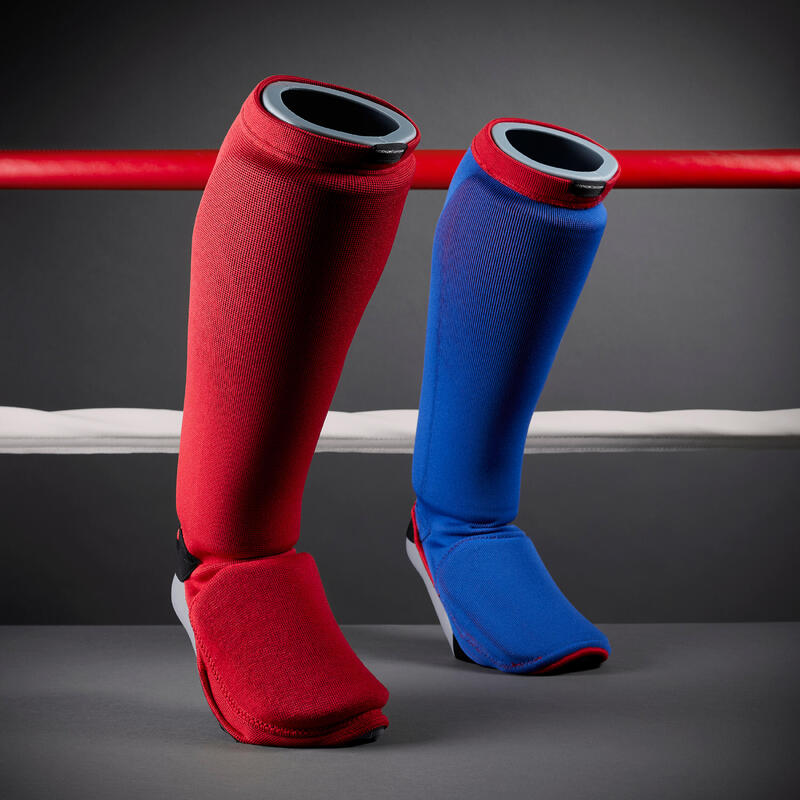 Scheen-voetbeschermer met sok voor kickboksen kinderen 900 2 kanten (blauw/rood)
