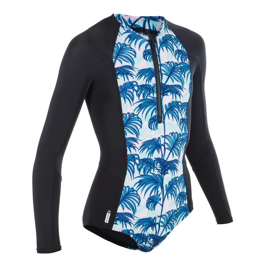 Maillot de bain une pièce surf manches longues zip avant Fille - 500 turquoise
