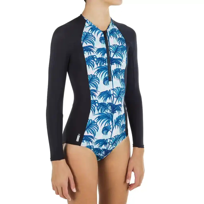 One-piece long-sleeve swimsuit - Black Turquoise