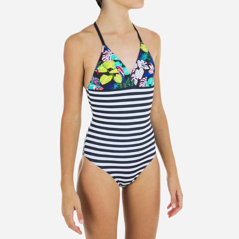 Badeanzug Mädchen 500 Himae Tropicool schwarz/weiß Badeanzug Mädchen 500 Himae Tropicool schwarz/weiß