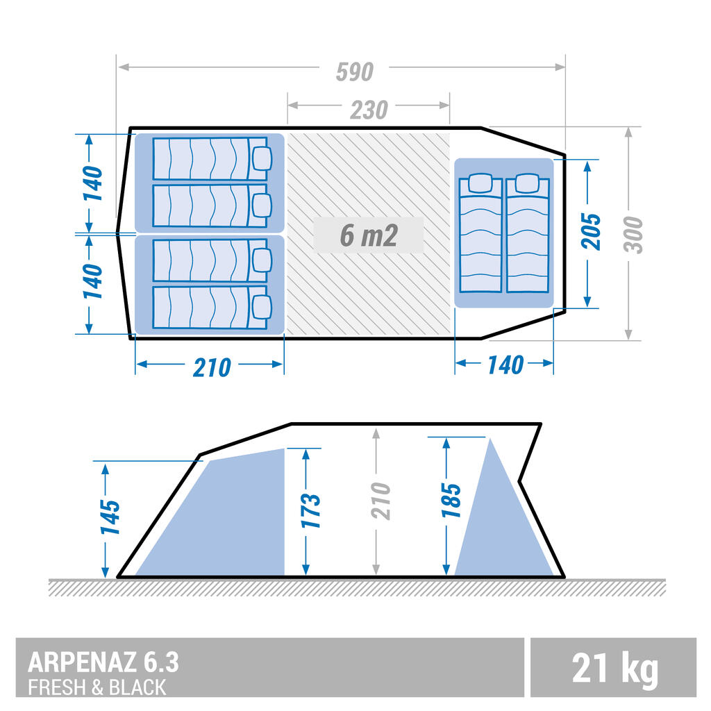 Palapinė su lankais „Arpenaz 6.3 F&B“, šešiavietė, 3 erdvės miegojimui