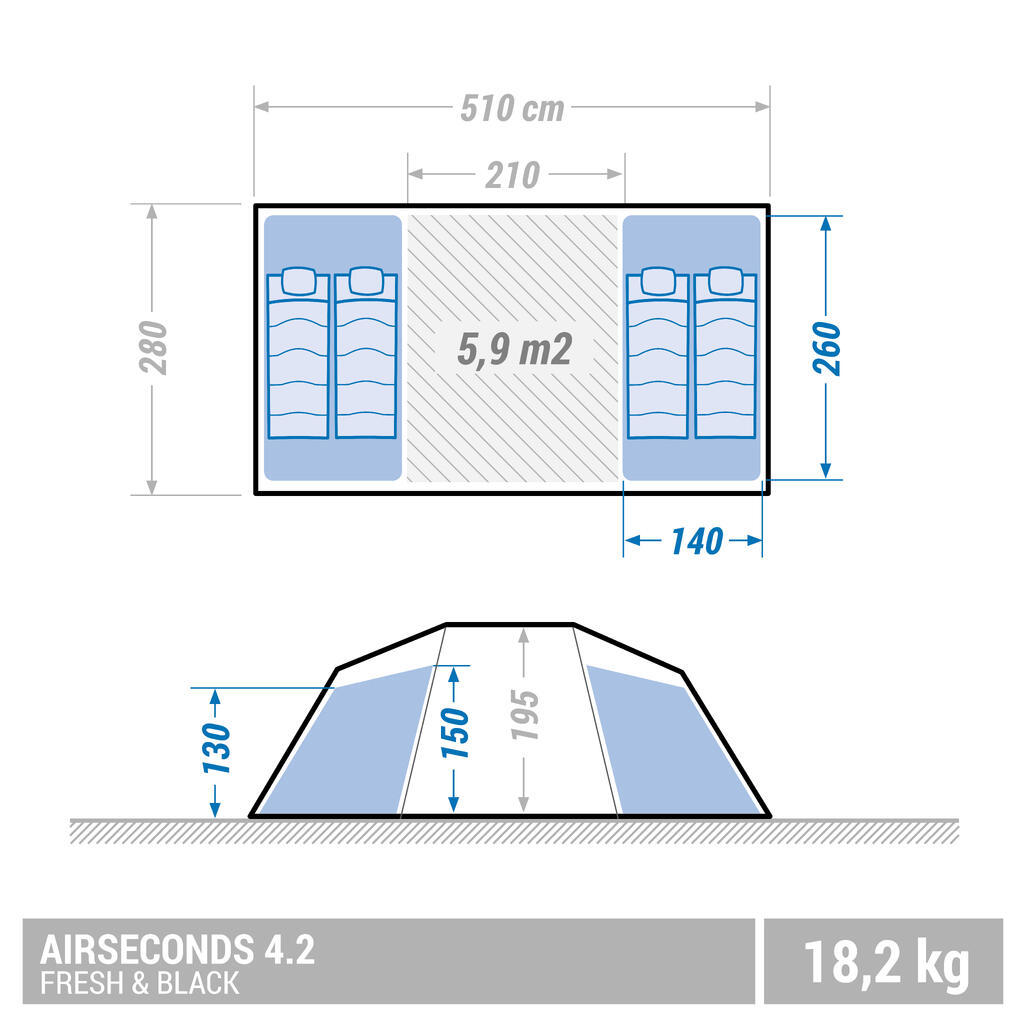 Familienzelt aufblasbar Air Seconds 4.2 Fresh & Black für 4 Personen 2 Kabinen