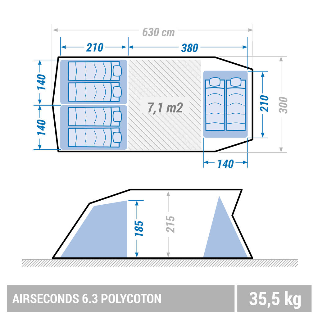 Inflatable camping tent - AirSeconds 6.3 Polycotton - 6 Person - 3 Bedrooms