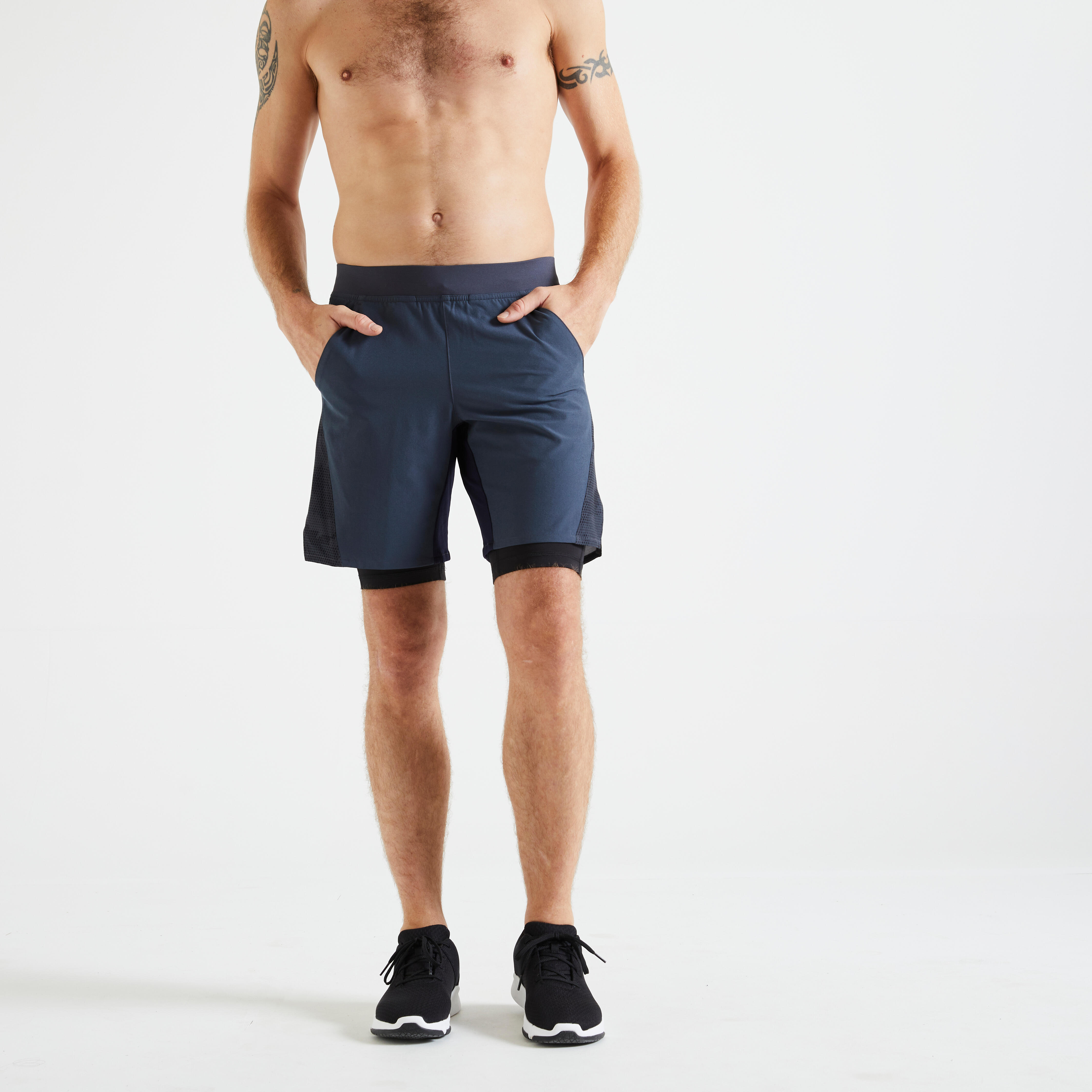 Pantalon scurt 2 în 1 Fitness 500 Gri imprimeu Bărbați