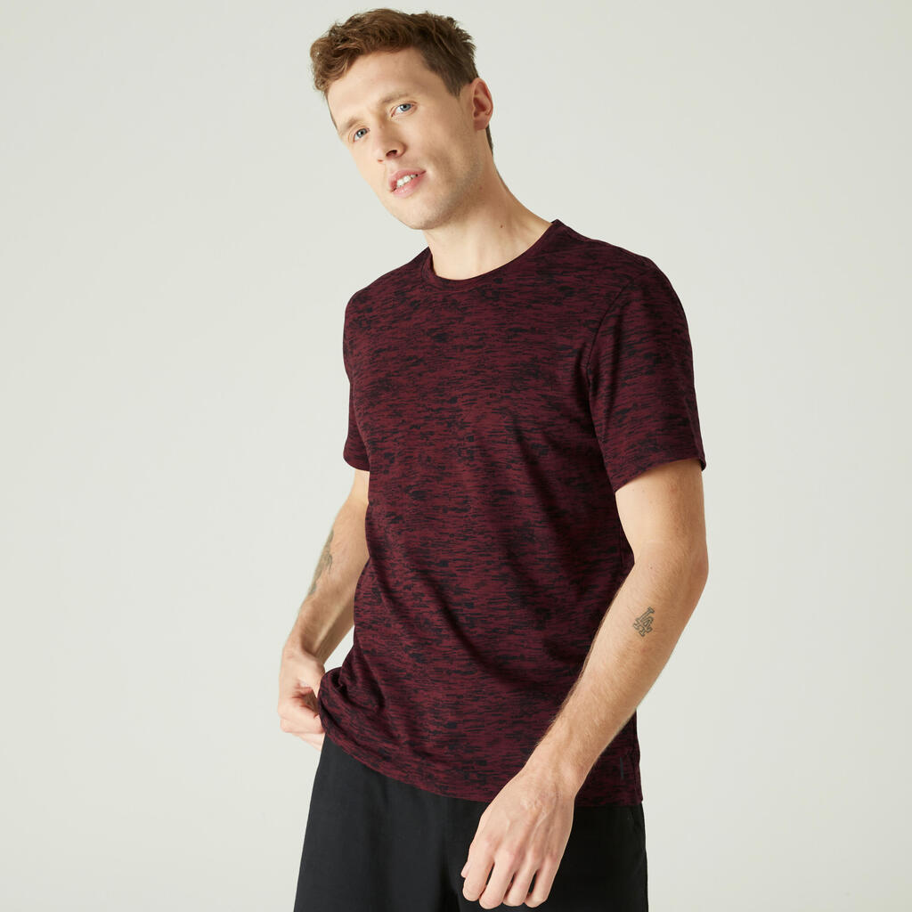 Men's short-sleeved straight-cut crew neck cotton fitness t-shirt 500 - burgundy