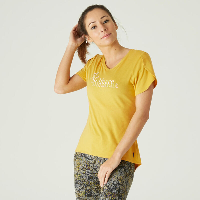 T-shirt fitness manches courtes couvrant coton extensible col en V femme miel