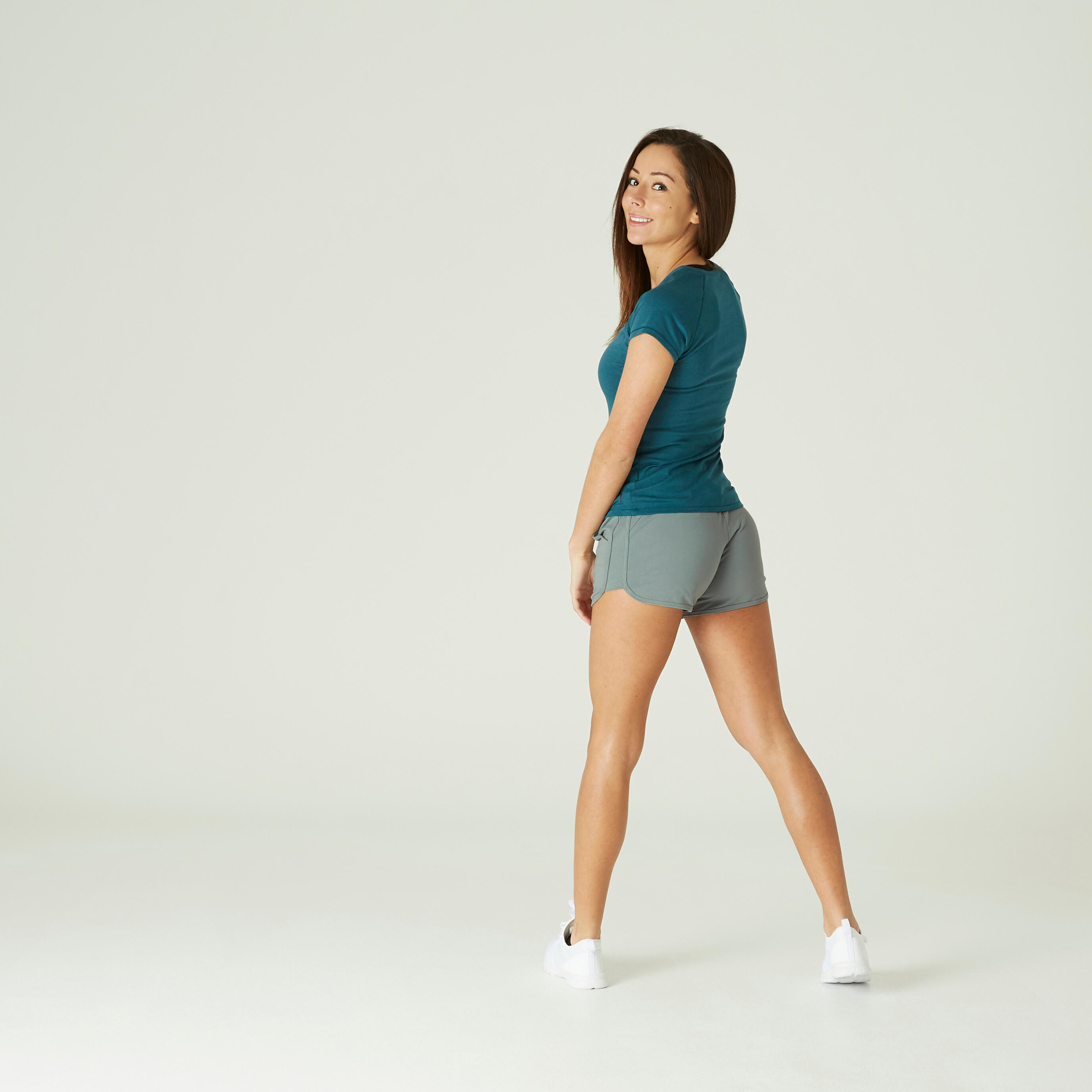 Women's Straight-Leg Cotton Fitness Shorts 520 with Pocket - Khaki 3/6