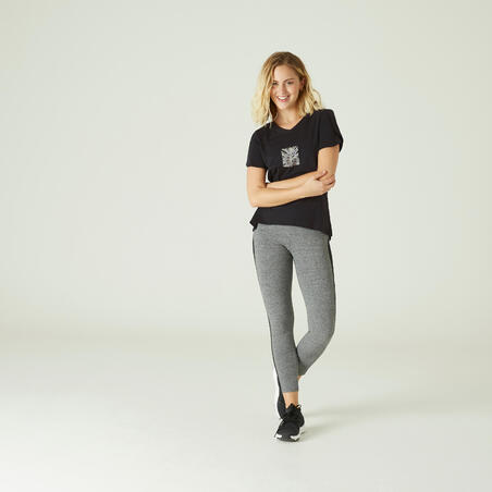 T-shirt fitness manches courtes couvrant coton col en V femme noir avec imprimé