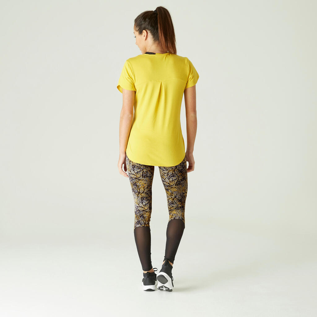 Legging fitness 7/8 coton extensible avec mesh femme - jaune