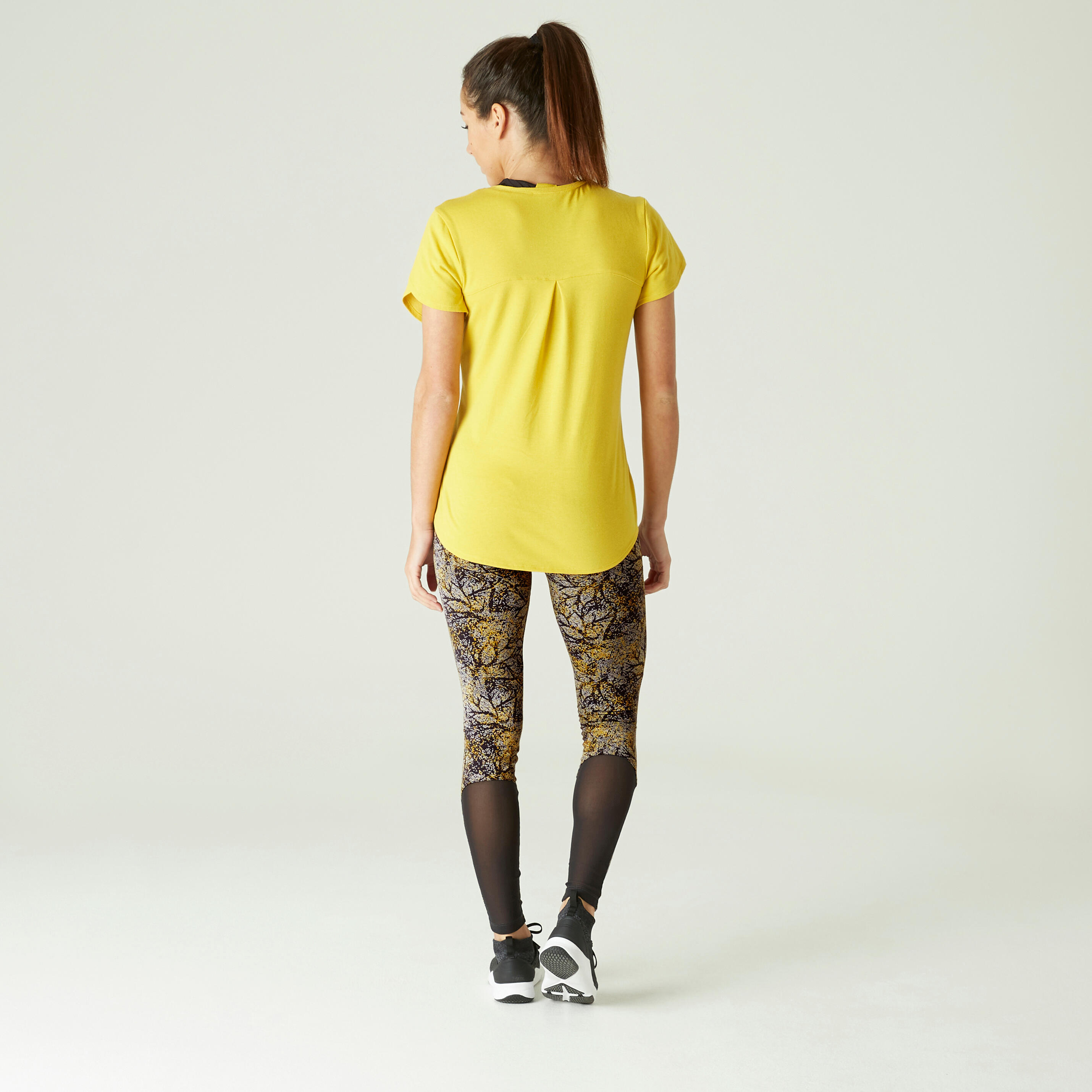 Stretchy High-Waisted Cotton Fitness Leggings with Mesh - Yellow Print 3/11