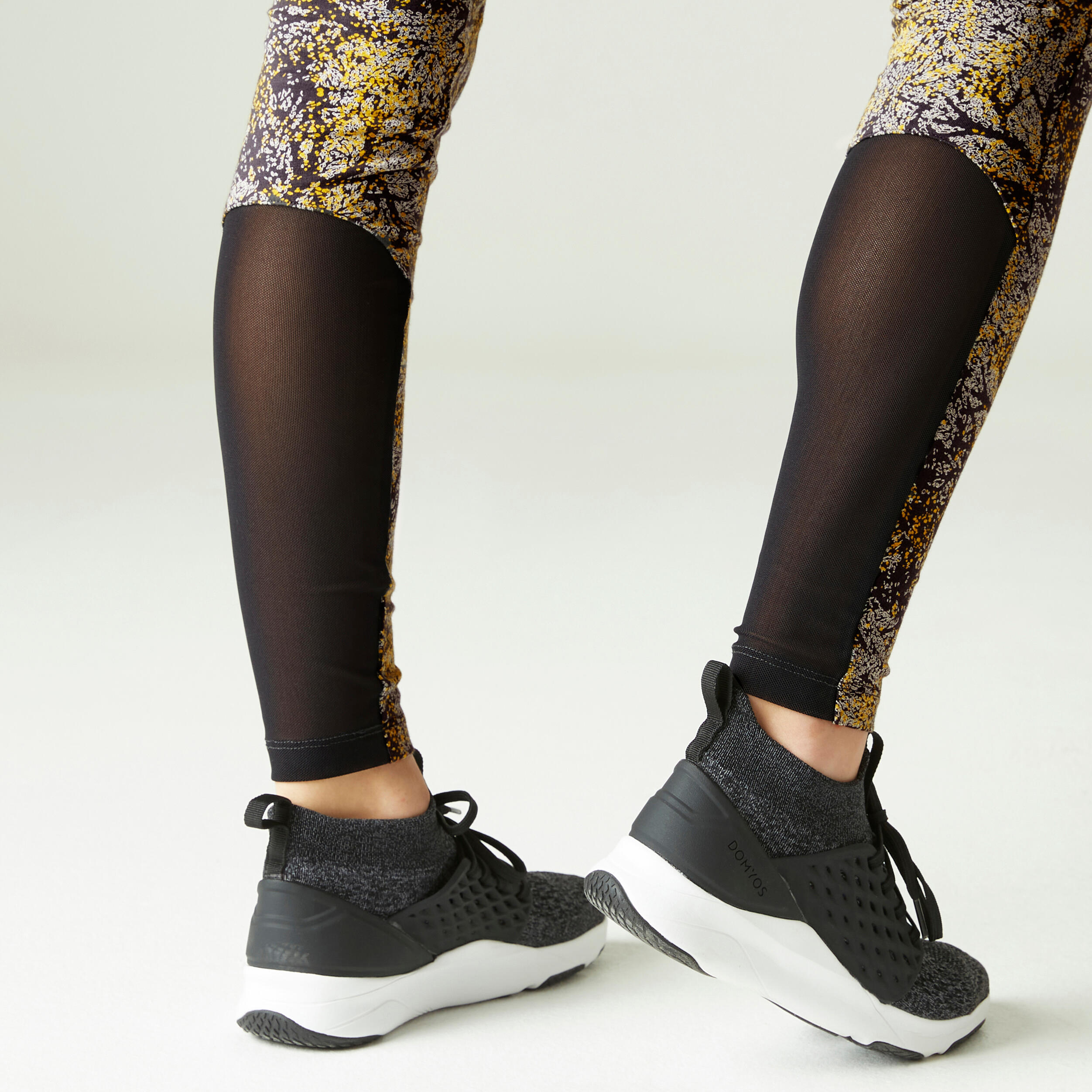 Stretchy High-Waisted Cotton Fitness Leggings with Mesh - Yellow Print 5/11