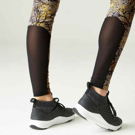 Stretchy High-Waisted Cotton Fitness Leggings with Mesh - Yellow Print