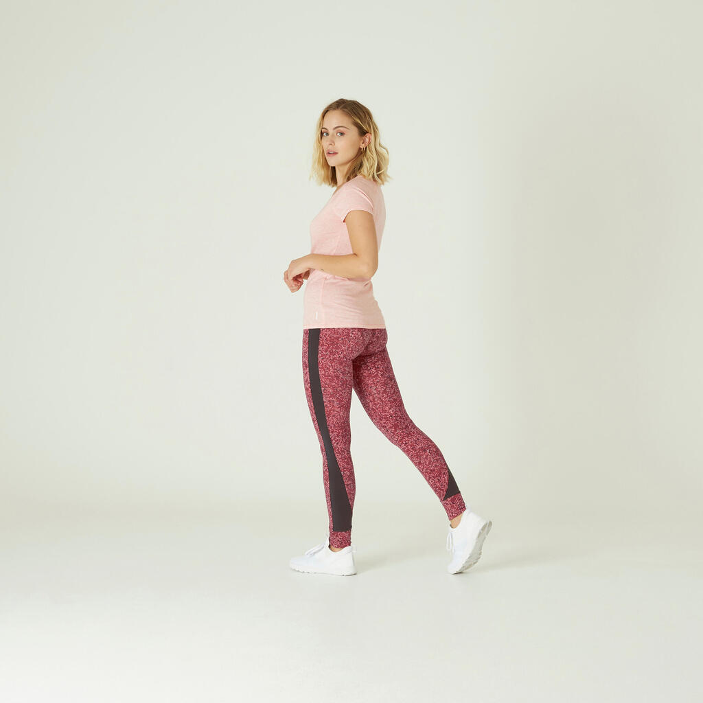 Legging fitness long coton extensible taille haute femme - rose vif avec imprimé