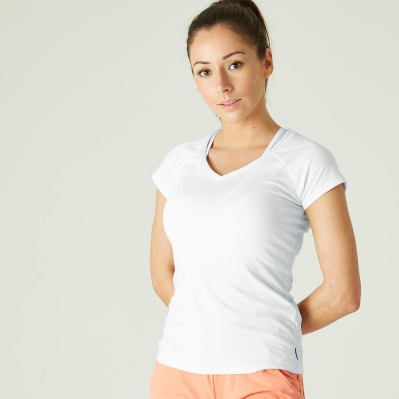 Camiseta fitness manga corta cuello pico algodón extensible Mujer blanco