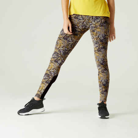 Stretchy High-Waisted Cotton Fitness Leggings with Mesh - Yellow Print