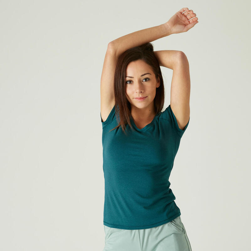 T-shirt fitness manches courtes slim coton extensible col en V femme turquoise