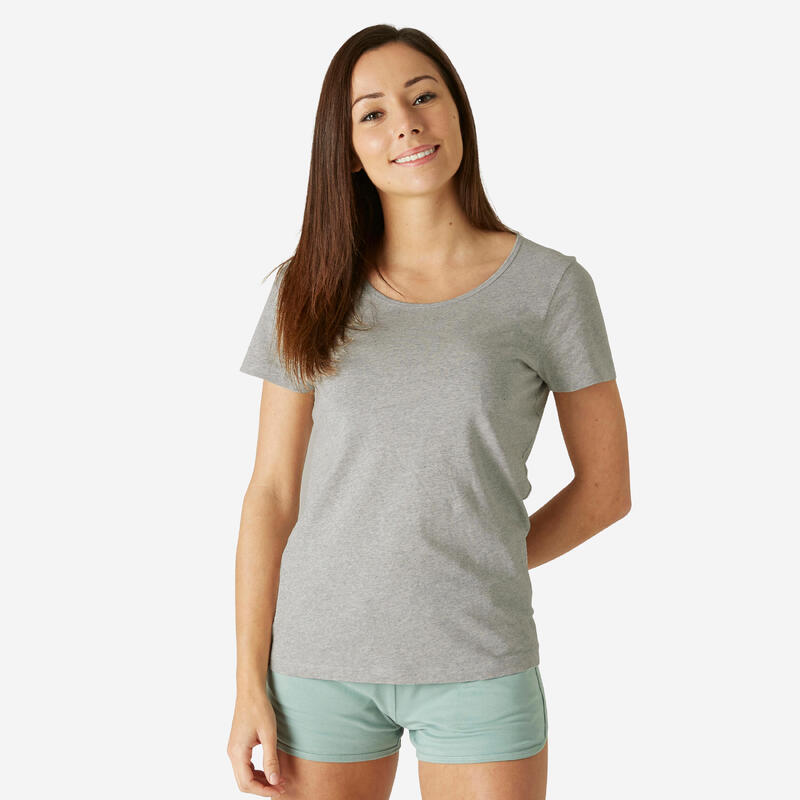 T-shirt fitness manches courtes droit col rond coton femme - 100 Gris