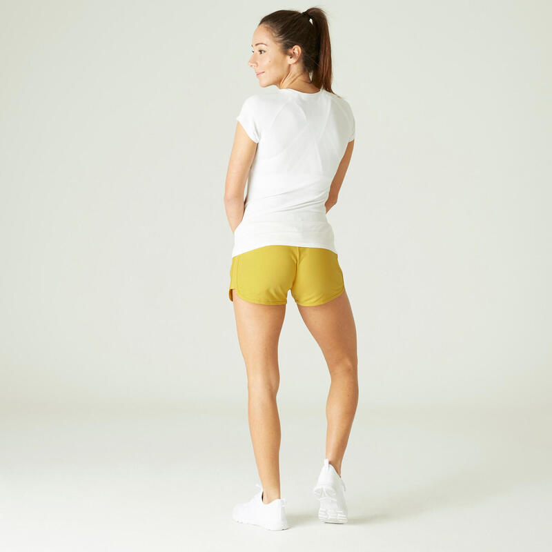 Short Fitness femme coton droit avec poche - 520 jaune