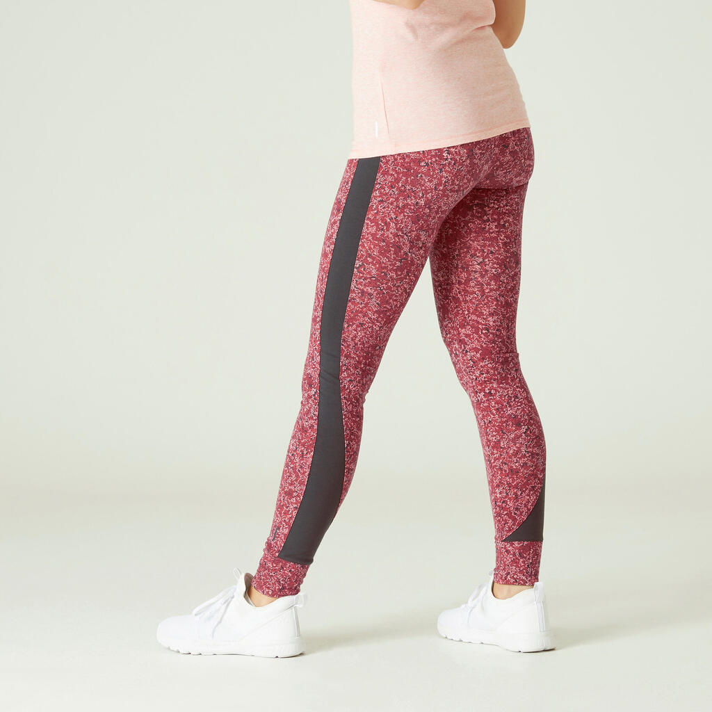 Legging fitness long coton extensible taille haute femme - rose vif avec imprimé