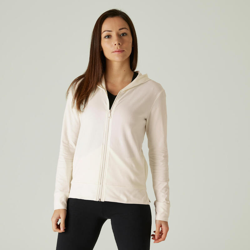 Women's Straight-Cut Crew Neck Zip Sweatshirt With Pocket 500 - Off-White