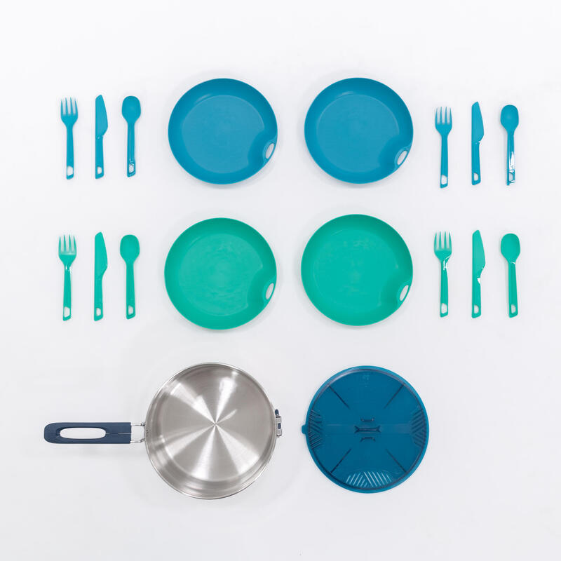 Set de gătit 100 pentru camping, din oțel inoxidabil, 4 persoane, 18 piese.