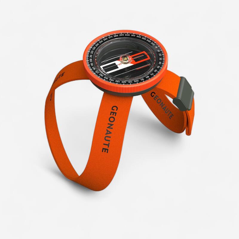 Boussole RAPIDE et STABLE pour raid MULTISPORT portage POIGNET orange et noire