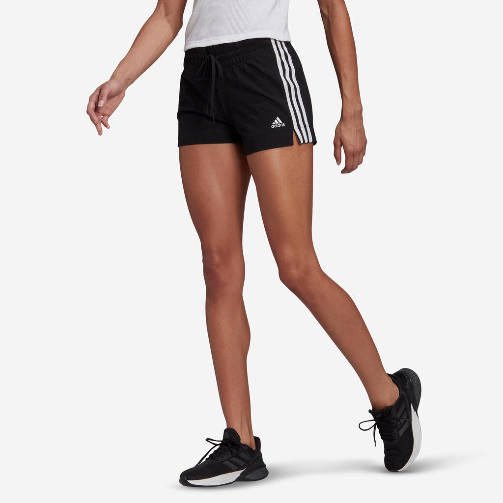 Women's Slim-Fit Cotton Fitness Shorts 3 Stripes Without Pockets - Black