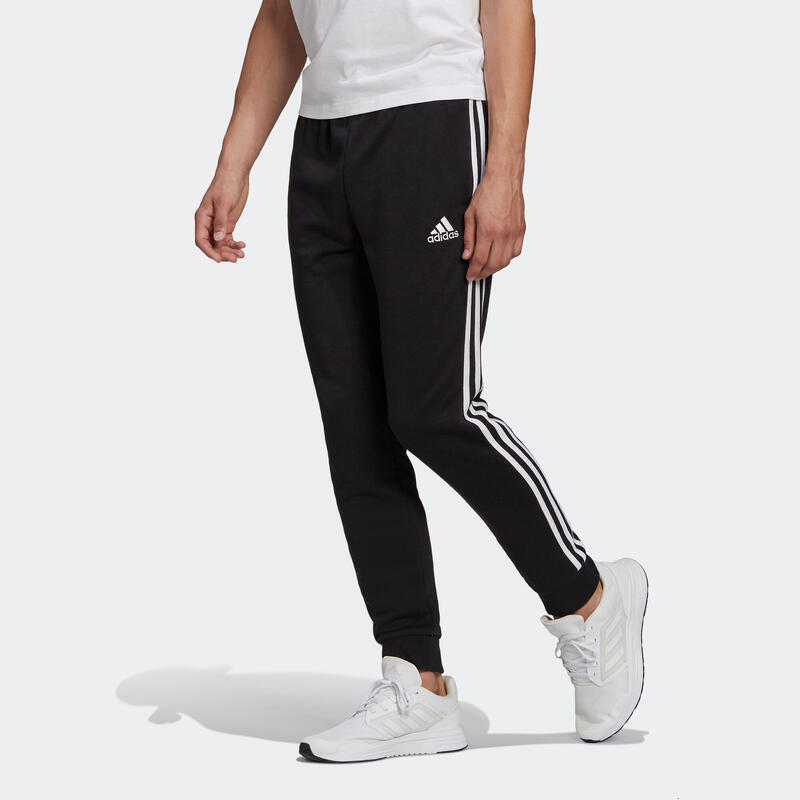 Pantalon jogging fitness homme coton majoritaire coupe droite - 3 Stripes  noir ADIDAS | Decathlon