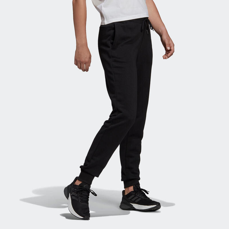 Pantalon jogging fitness femme coton majoritaire ajusté - Linear noir