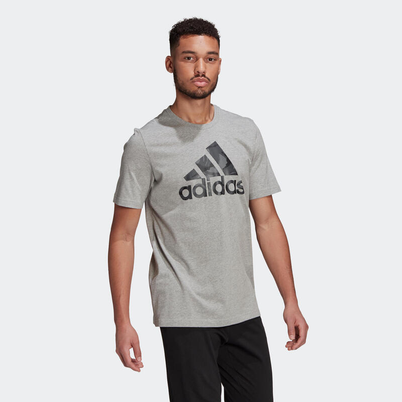 T-shirt fitness Adidas manches courtes slim coton col rond homme gris chiné
