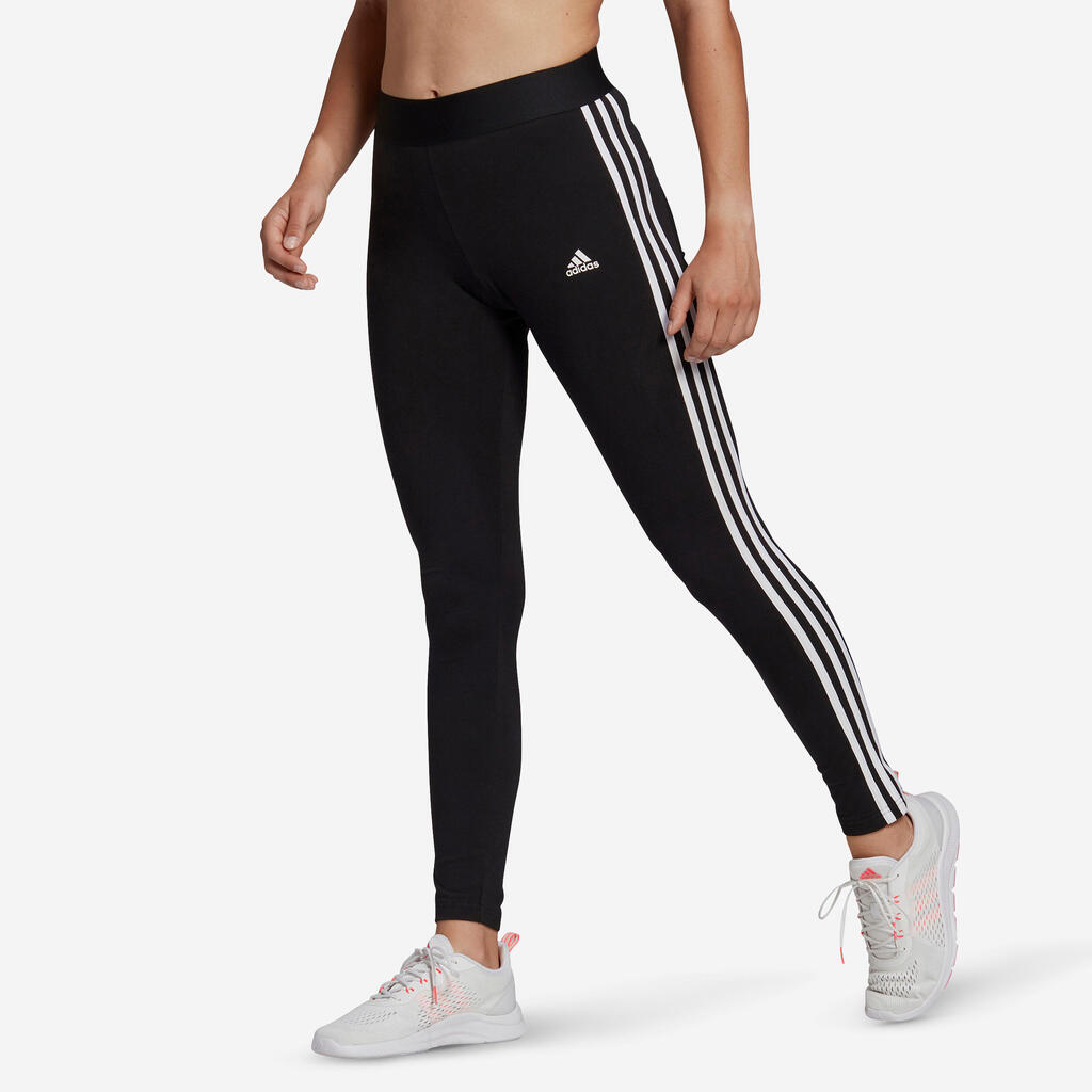 Legging fitness long coton majoritaire taille haute femme - 3 bandes noir blanc