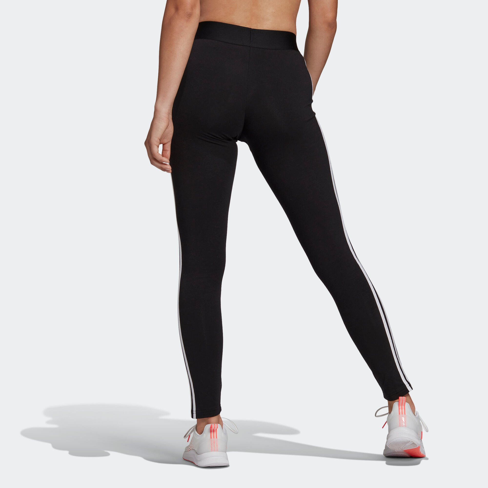 Legging fitness long coton majoritaire taille haute femme 3 bandes noir blanc